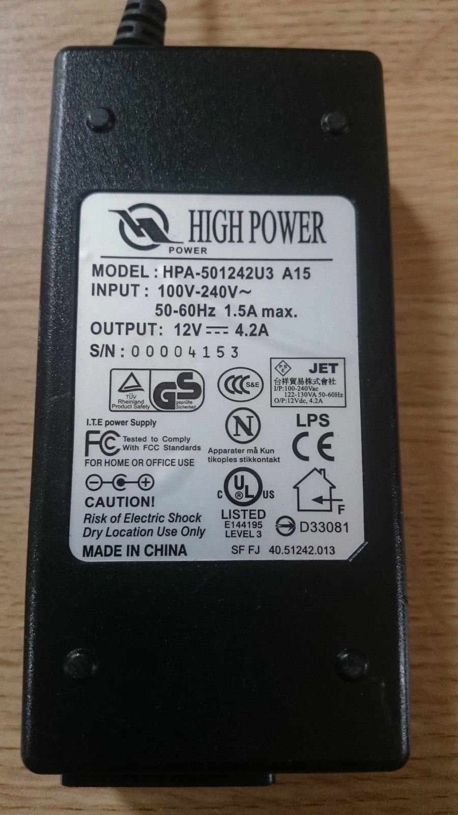 New GENUINE HIGH POWER HPA-501242U3 A15 AC/DC POWER SUPPLY ADAPTER 12V 4.2A